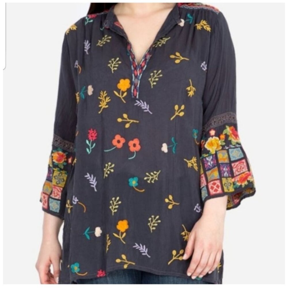 Johnny Was Large Embroidered Floral Tazanna Tunic Top W/ Boho Bell Sleeves